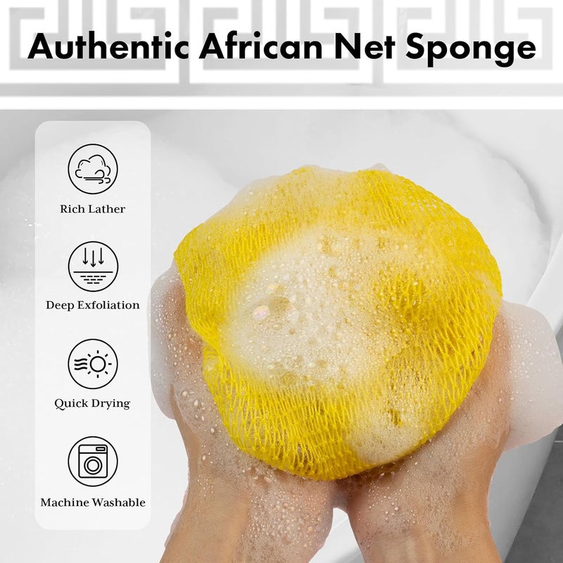 Bathway African Net Sponge Authentic with Handles (Set of 2), African Exfoliating Net Sponge, Exfoliating Body Scrubber Bath Sponge - Bathing Accessories with Storage Bag (Rose & Bright Yellow) - Image 2